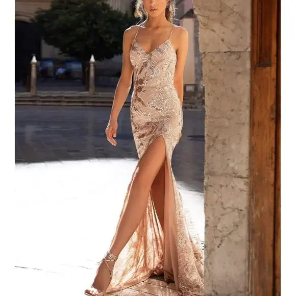 green emerald velvet dress Agata Sequins & Sparkling Mermaid Gown Gold main image 1